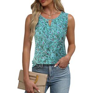 Blooming Jelly Womens Green Floral Sleeveless Basic Loose Casual Summer Tank Top